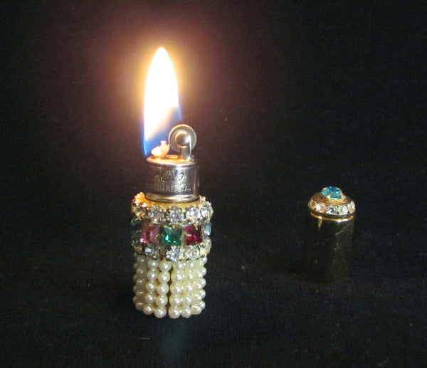 Rhinestone Gold Lighter Ladies Lipstick Style Working Pocket Or Purse Lighter Hy-Glo USA