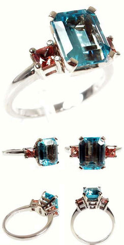 14Kt White Gold 3.50ct Blue Topaz & .50ct Padparadschah Sapphire Ring High Fashion Bruce Magnotti Cocktail Ring Fine Jewelry Size 7