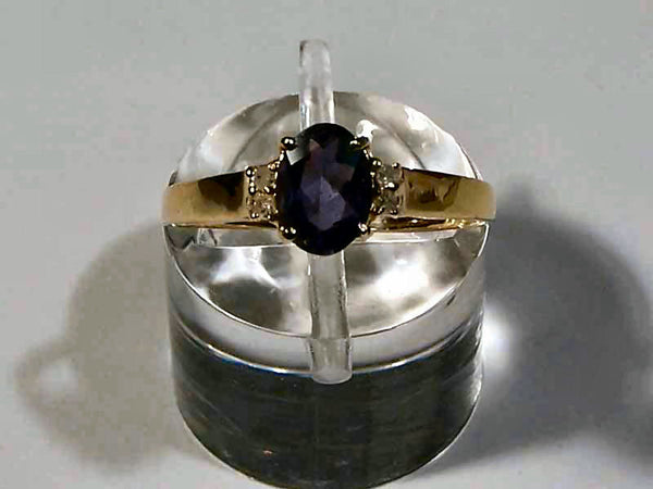 14Kt Gold Iolite Ring 7x5mm Oval Iolite 4 Diamonds Size 7