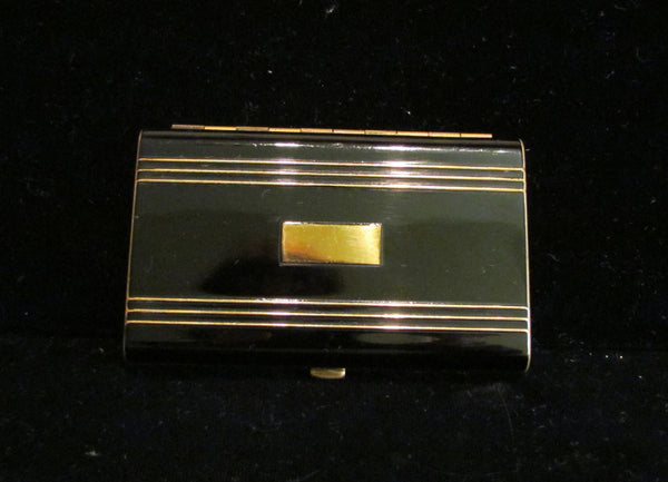 Hudnut Black Enamel Compact Art Deco Gold Powder Makeup Compact 1930s