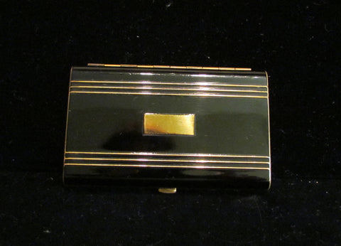 Hudnut Black Enamel Compact Art Deco Gold Powder Makeup Compact 1930s