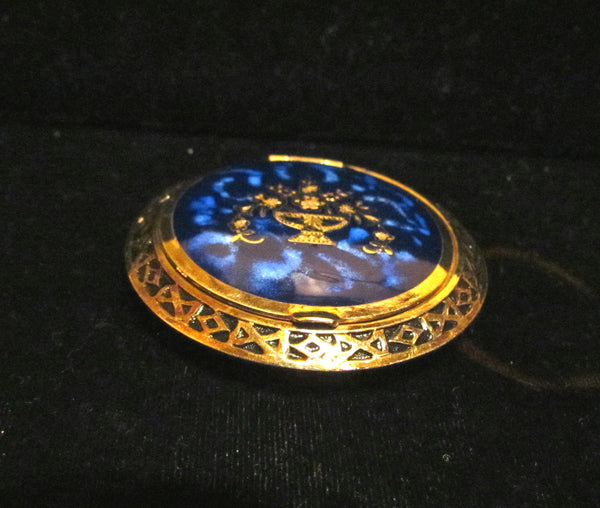 1930s Blue Guilloche Compact Gold Gilt Powder Rouge Mirror Compact Unused Excellent Condition