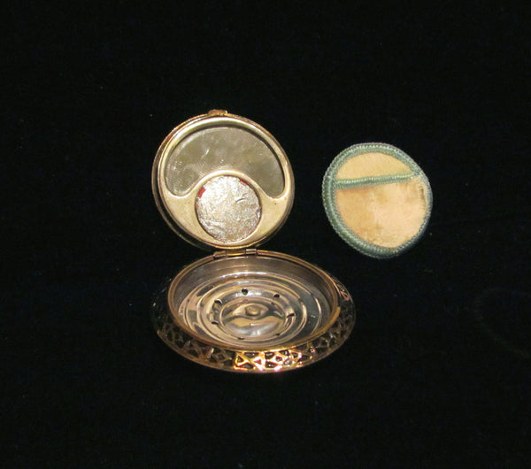 1930s Blue Guilloche Compact Gold Gilt Powder Rouge Mirror Compact Unused Excellent Condition