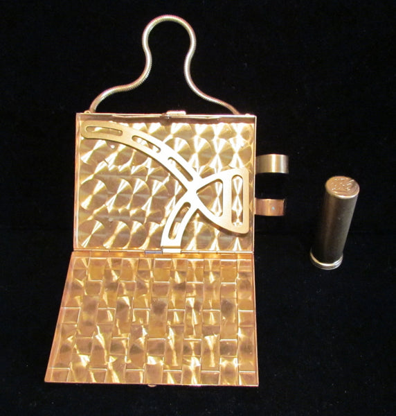 1950s Gold Basket Weave Compact Purse With Lipstick