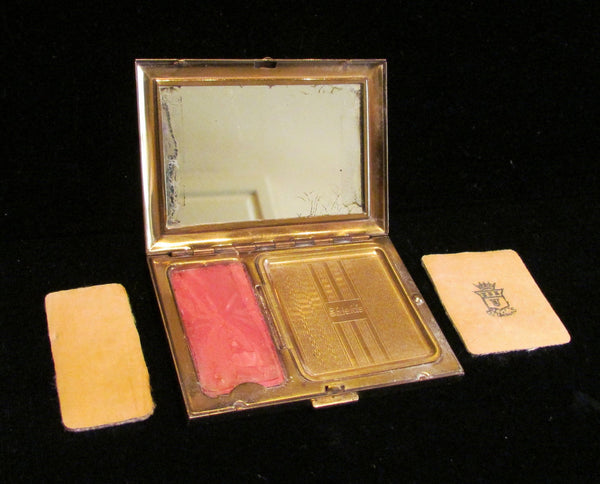 1930s Guilloche Enamel Sheilds Compact Powder Rouge And Mirror Art Deco Compact