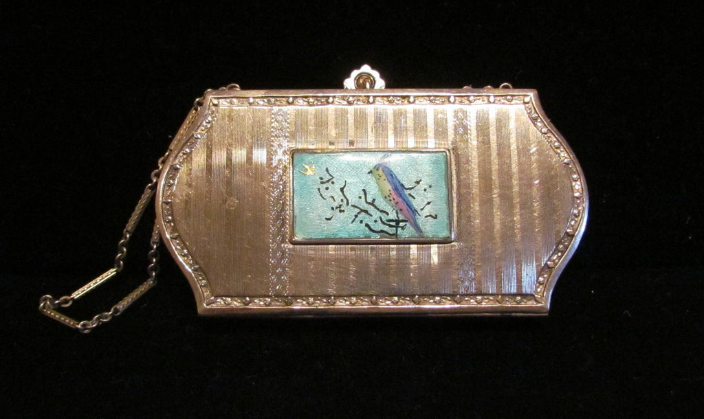 Guilloche Enamel Compact Purse 1920 s Hand Painted Bird Makeup