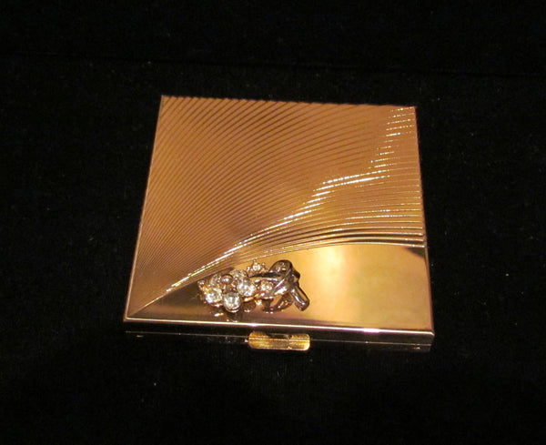1950's Volupte Compact Gold & Rhinestone Powder Mirror Compact Art Deco Boxed