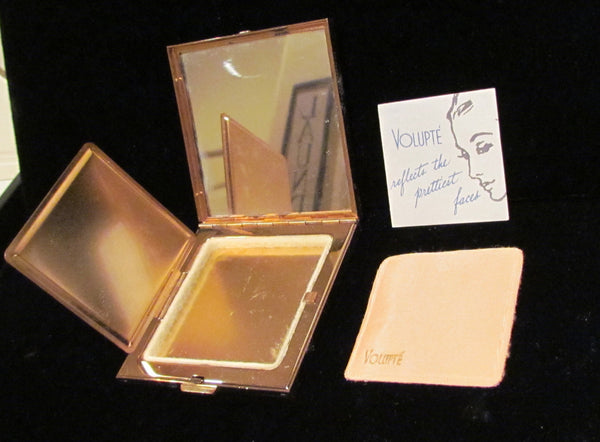 1950's Volupte Compact Gold & Rhinestone Powder Mirror Compact Art Deco Boxed