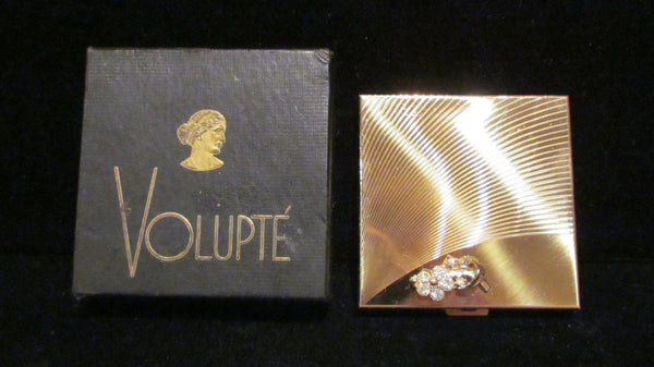 1950's Volupte Compact Gold & Rhinestone Powder Mirror Compact Art Deco Boxed