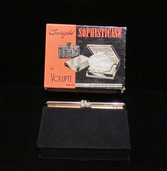 1950s Volupte Gold Rhinestone Compact Purse Black Moire Case Unused In Original Box