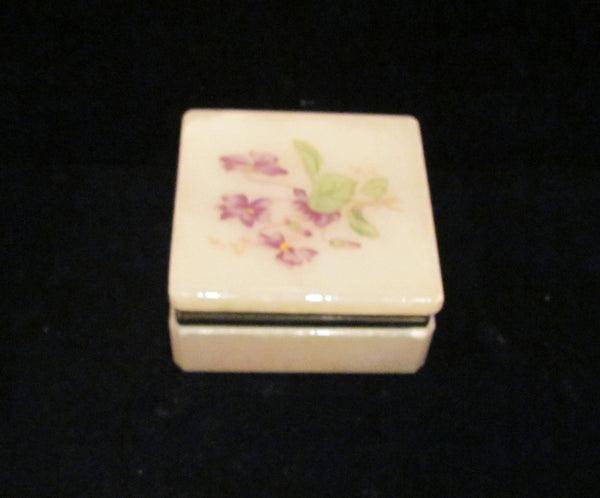 Alabaster Italian Hand Craved Box Hand Painted Purple Flowers Vintage Trinket Or Jewelry Box
