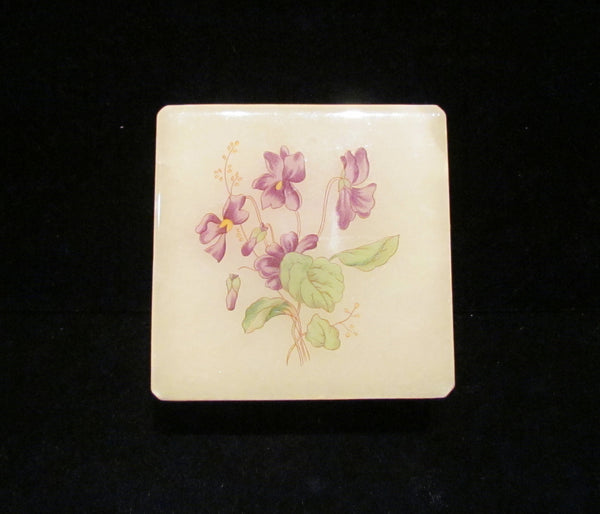 Alabaster Italian Hand Craved Box Hand Painted Purple Flowers Vintage Trinket Or Jewelry Box