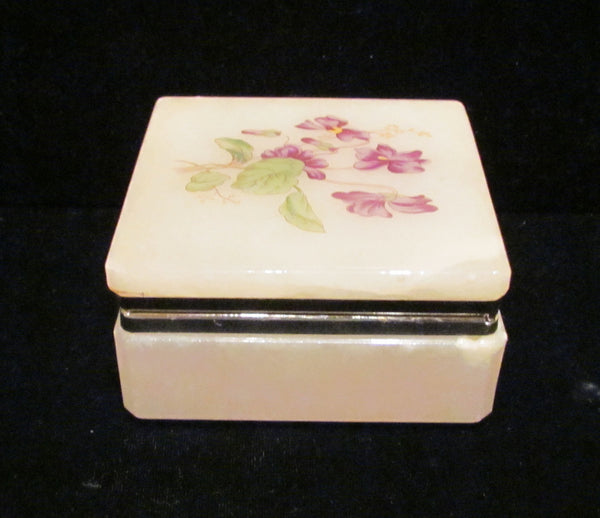 Alabaster Italian Hand Craved Box Hand Painted Purple Flowers Vintage Trinket Or Jewelry Box