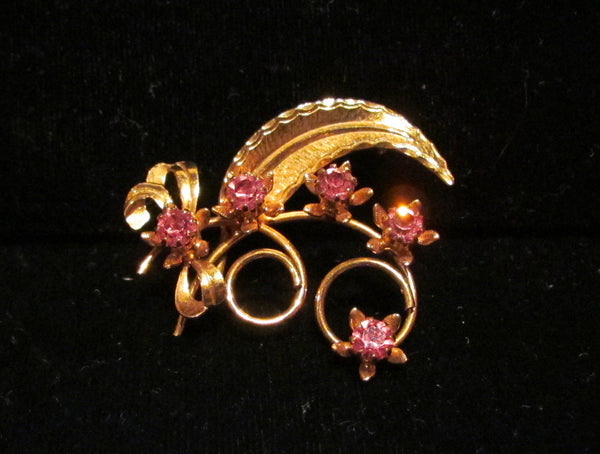 Pink Rhinestone Pin Vintage Brooch Gold Leaf & Flower Design