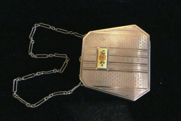 1920s Silver Guilloche Compact Art Deco Powder Mirror Purse