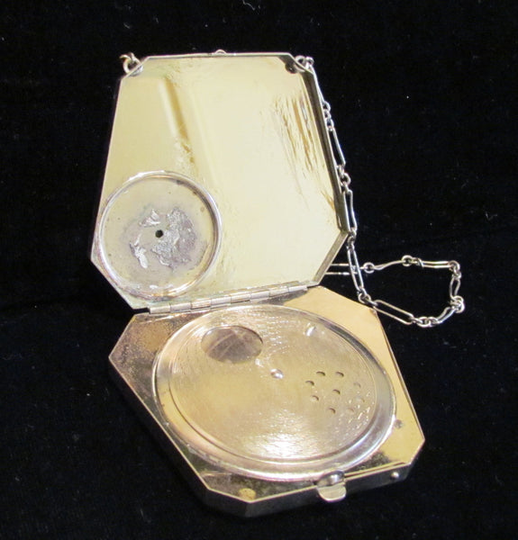 1920s Silver Guilloche Compact Art Deco Powder Mirror Purse