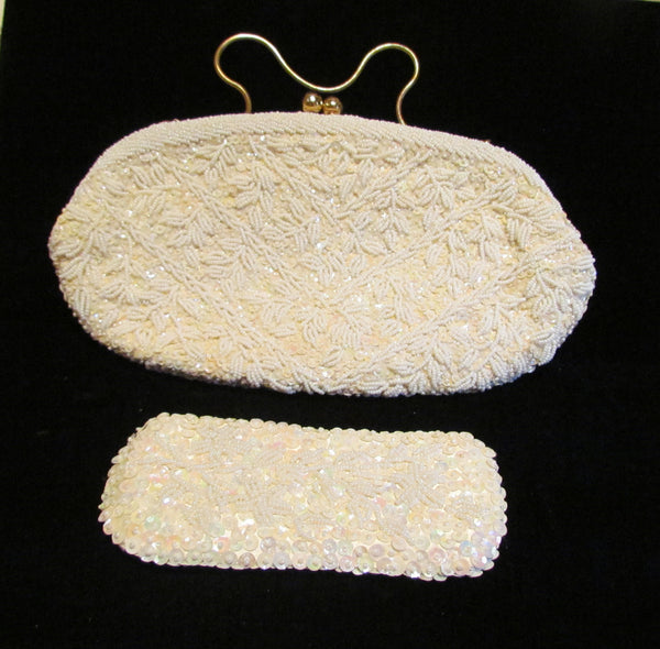 1940s White Beaded Purse Vintage Clutch Purse Sequins Rhinestone With Matching Eye Glass Case Mint Unused
