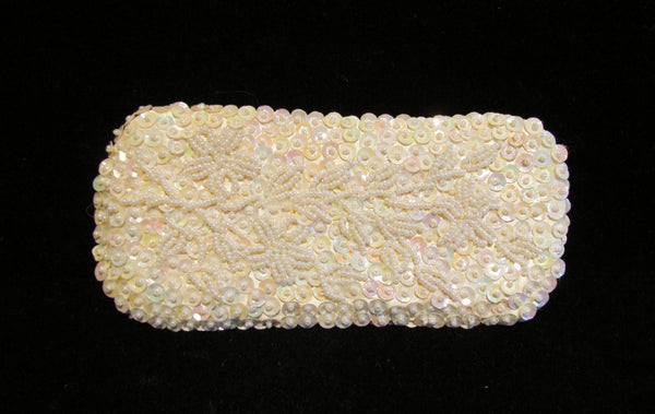 1940s White Beaded Purse Vintage Clutch Purse Sequins Rhinestone With Matching Eye Glass Case Mint Unused