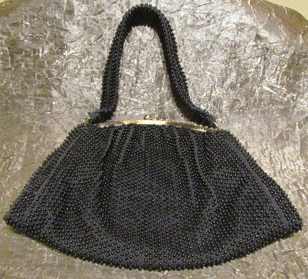 Vintage Black Beaded Purse 1930s Lumured Corde-Bead Handbag Art Deco