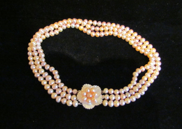 Multi Color Pearl 3 Strand Necklace Mother Of Pearl Sterling Silver & Pearl Clasp OOAK
