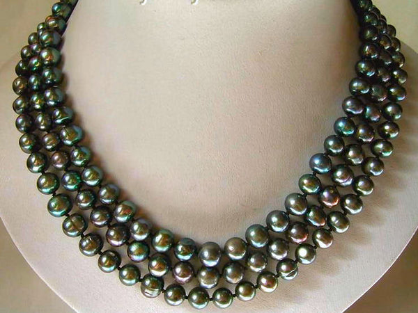 3 Strand Black Pearl Necklace 7.5mm Freshwater Black Pearls 925 Sterling Clasp Handmade OOAK