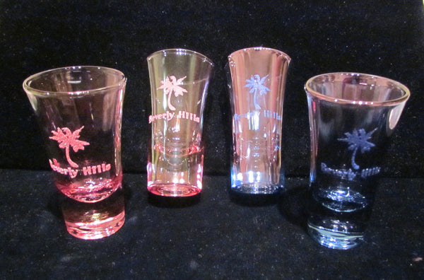4 Cordial Glasses Beverly Hills Shot Glass Souvenir Pink & Blue Mint Condition