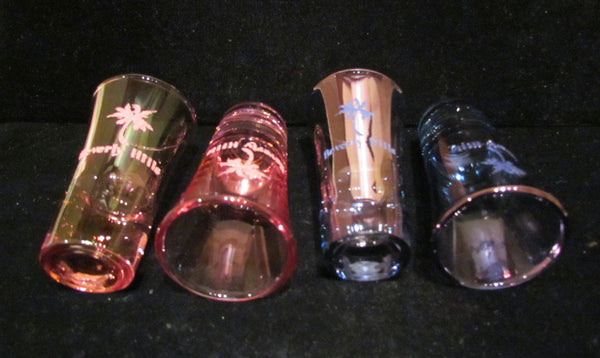 4 Cordial Glasses Beverly Hills Shot Glass Souvenir Pink & Blue Mint Condition