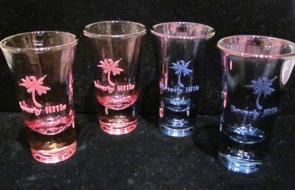 4 Cordial Glasses Beverly Hills Shot Glass Souvenir Pink & Blue Mint Condition