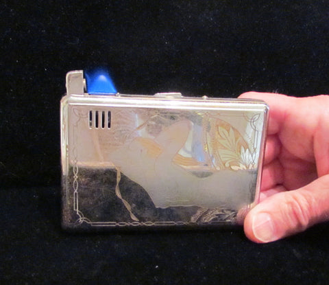 Vintage Silver Cigarette Case Lighter Art Nouveau Mermaid Magic Isoger Working Rare
