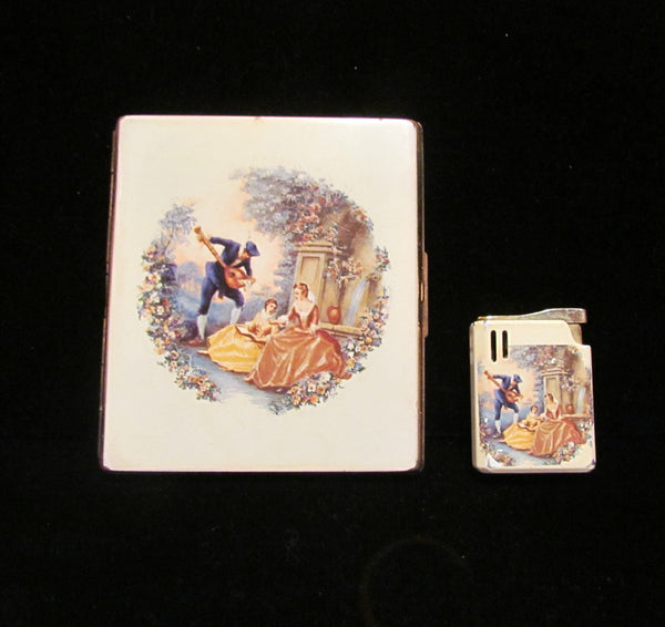 Colibri Cigarette Case & Lighter Set Enamel Courting Scene Cigarette Case Gift Set