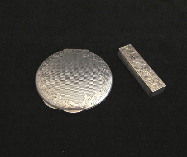 Sterling Silver Compact And Matching Lipstick Case Art Deco .925 DK Vintage