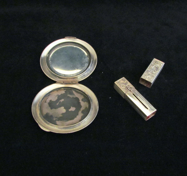 Sterling Silver Compact And Matching Lipstick Case Art Deco .925 DK Vintage