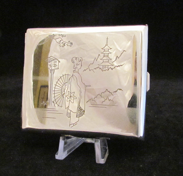 Asian Silver Cigarette Case Buiness Card Case Or Holder Vintage 1940s Etched Geisha Mt Fugi
