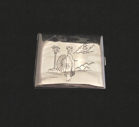 Asian Silver Cigarette Case Buiness Card Case Or Holder Vintage 1940s Etched Geisha Mt Fugi