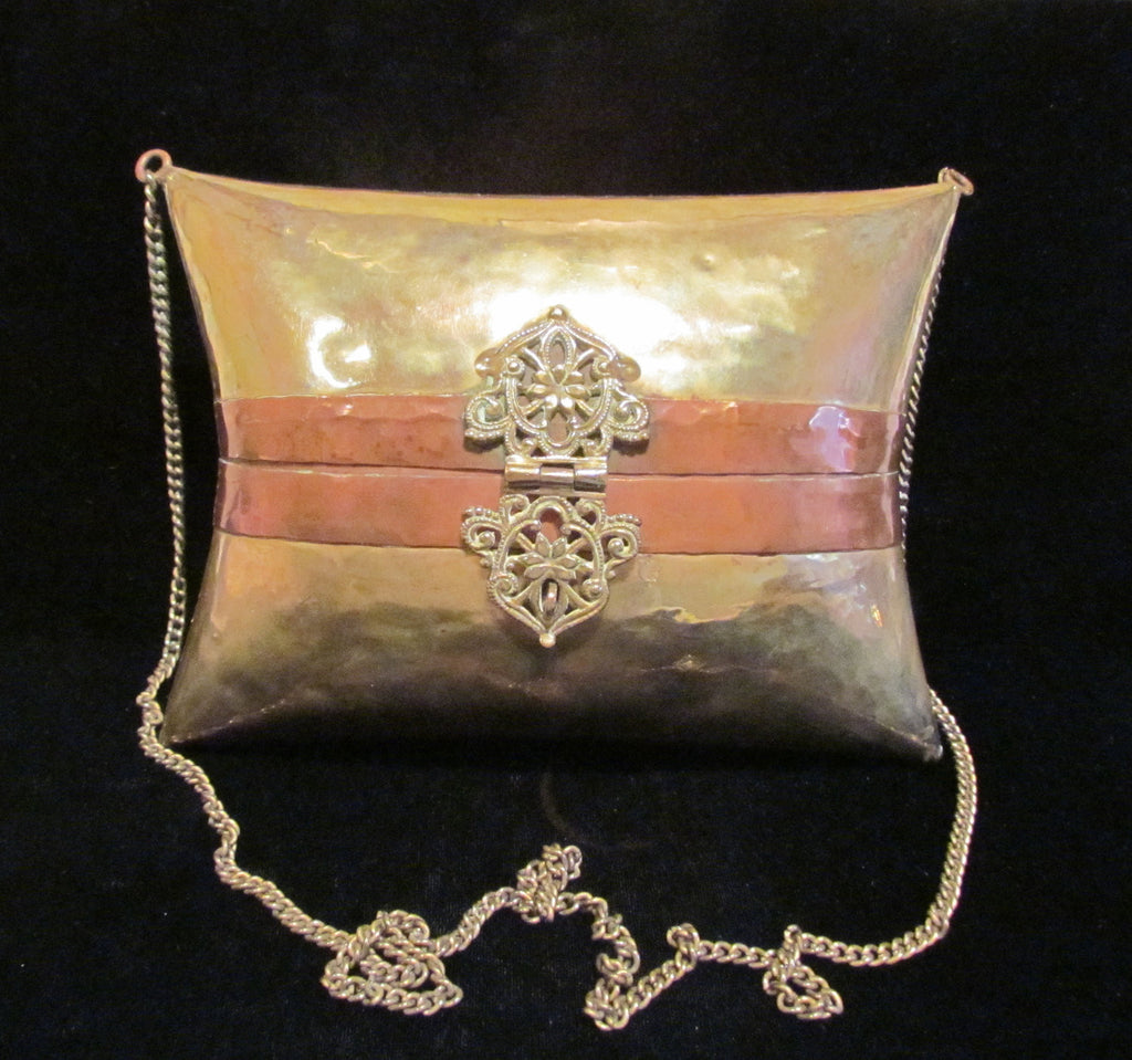 1930's Brass & Copper Pillow Purse Wedding Formal Shell Evening Bag