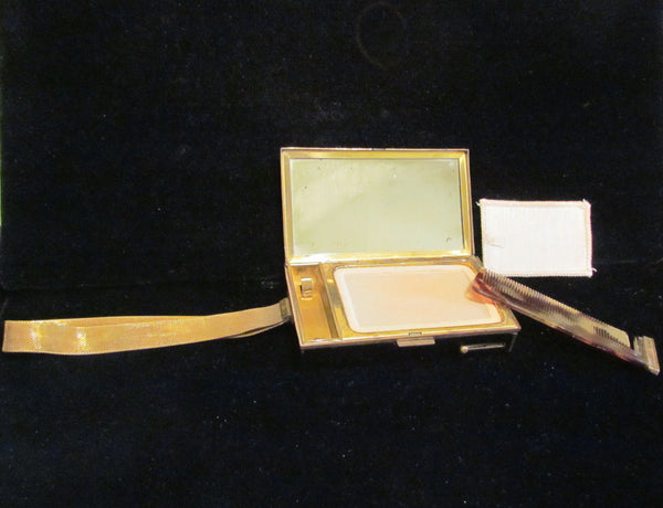 Black & Gold Enamel Compact Purse Art Deco Cigarette Case 1930's Mesh Wristlet Purse