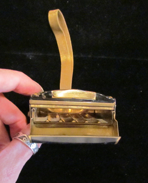 Black & Gold Enamel Compact Purse Art Deco Cigarette Case 1930's Mesh Wristlet Purse