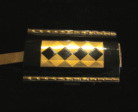 Black & Gold Enamel Compact Purse Art Deco Cigarette Case 1930's Mesh Wristlet Purse