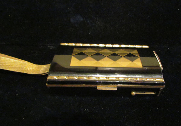 Black & Gold Enamel Compact Purse Art Deco Cigarette Case 1930's Mesh Wristlet Purse