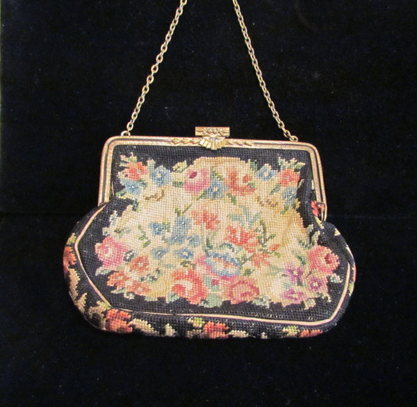 Vintage Petit Point Purse 1900s Victorian Tapestry Handbag Enamel Frame & Marcasite Clasp