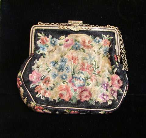 Vintage Petit Point Purse 1900s Victorian Tapestry Handbag Enamel Frame & Marcasite Clasp