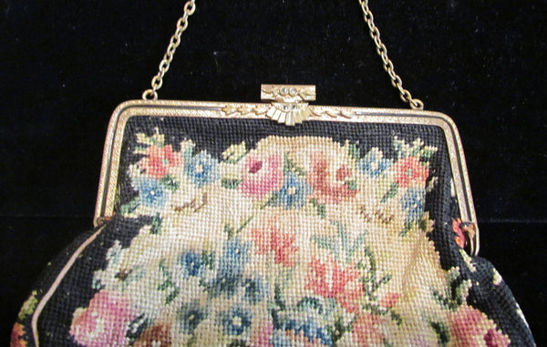 Vintage Petit Point Purse 1900s Victorian Tapestry Handbag Enamel Frame & Marcasite Clasp