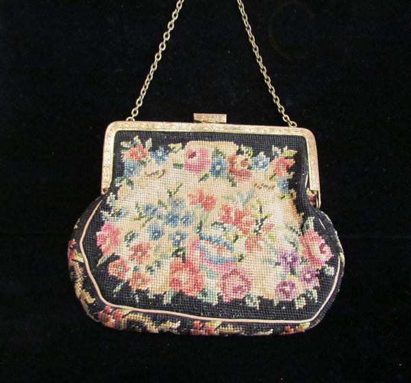 Vintage Petit Point Purse 1900s Victorian Tapestry Handbag Enamel Frame & Marcasite Clasp