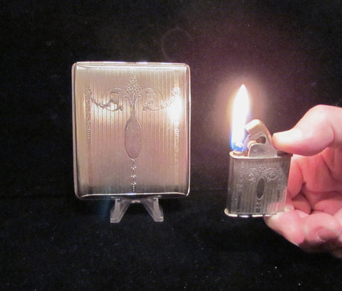 Evans Silver Cigarette Case & Lighter Set 1930's Working Spitfire Lighter