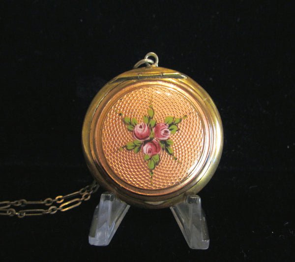 Antique German Guilloche Compact Necklace Powder Compact Locket Chatelaine 1910's