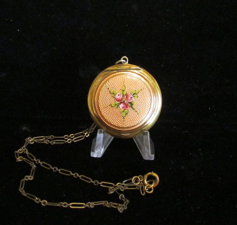 Antique German Guilloche Compact Necklace Powder Compact Locket Chatelaine 1910's