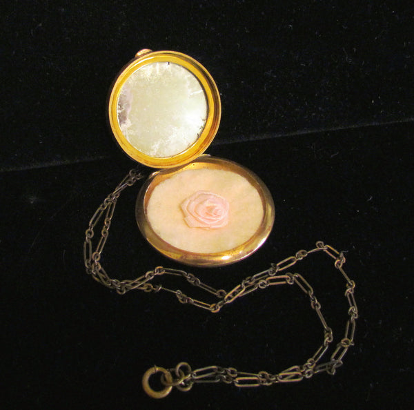 Antique German Guilloche Compact Necklace Powder Compact Locket Chatelaine 1910's