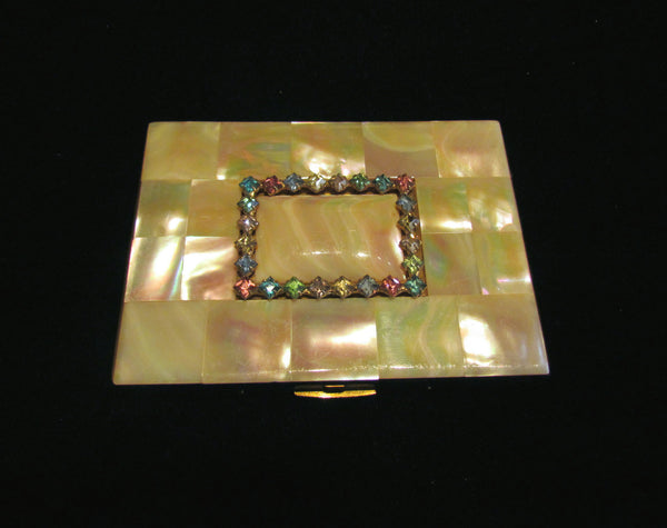 Vintage Mother Of Pearl & Rhinestone Elgin American Cigarette Case 1950's Business Credit Card Case Stunning