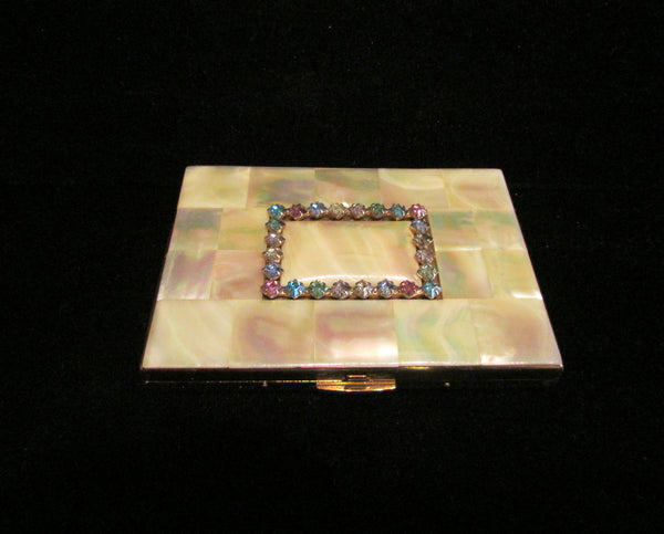 Vintage Mother Of Pearl & Rhinestone Elgin American Cigarette Case 1950's Business Credit Card Case Stunning