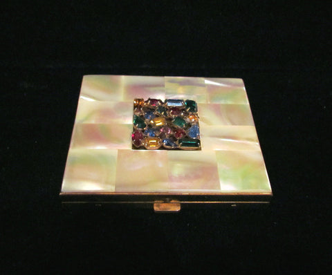 Vintage Mother Of Pearl & Rhinestone Compact 1950s Mad Men Powder Compact